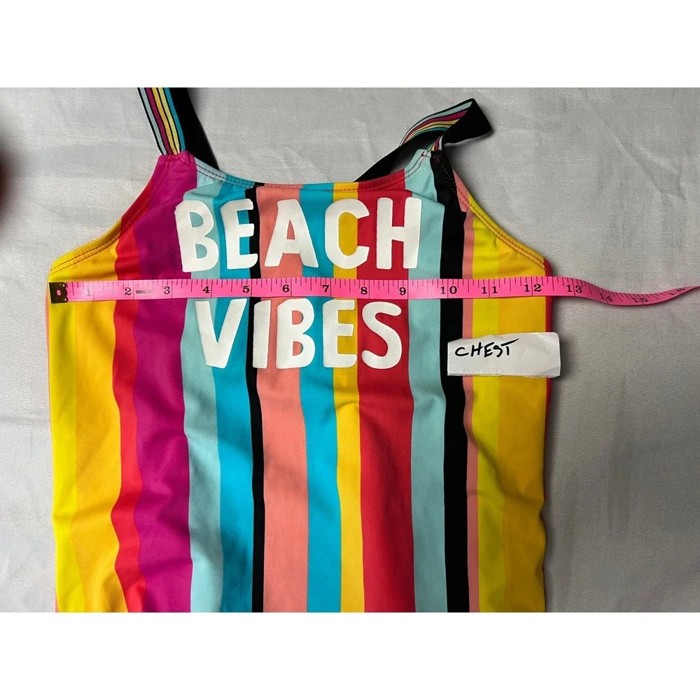 Wonder Nation Girls Beach Vibes Striped One Piece Swimsuit Multi Color Sz 10-12